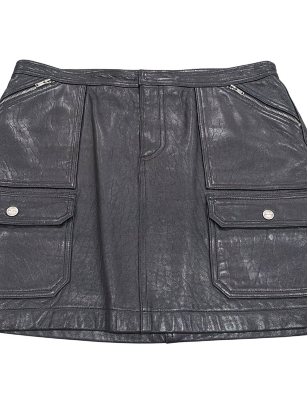 Ralph Lauren Black Lambskin Leather Mini Skirt Size 8 Pockets Buttoned Flap